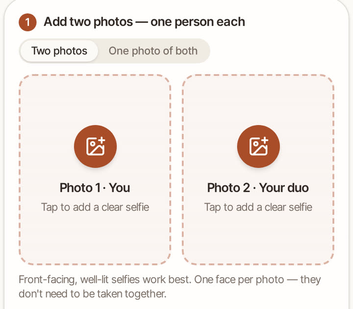 Step 1 of the AI rap video studio: two empty photo slots, Photo 1 (you) and Photo 2 (your duo)
