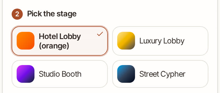 Step 2: four stages to choose from — Hotel Lobby (orange), Luxury Lobby, Studio Booth and Street Cypher