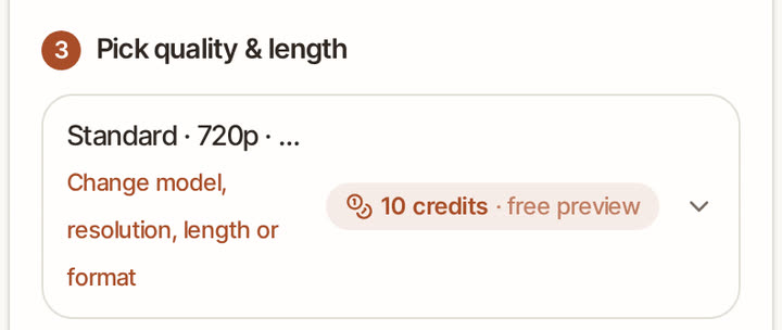 Step 3: quality and length, showing the standard 720p option and its credit cost