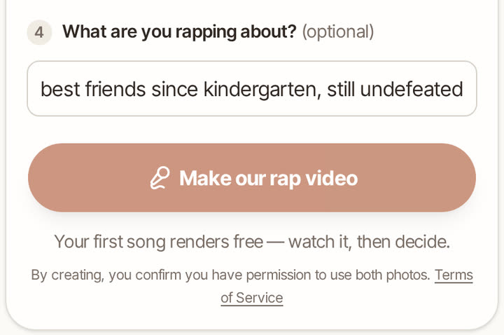 Step 4 and 5: a topic typed in and the Make our rap video button